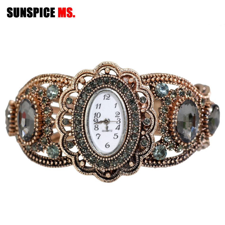 Indian Jewelry Watches - SUNSPICE-MSクォーツ腕時計レトロビンテージ · ウォッチ女性アンティークゴールドカラー中空花インディアンジュエリーグレークリスタル