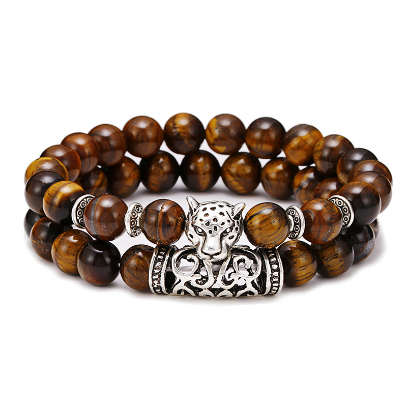 Gemstone Bracelet Healing - プレミアム 2 ピース/セットヒョウビーズ男性アパレルアクセサリーブレスレット天然溶岩タイガーアイストーン Braslet ヒーリングオムハンド Joias