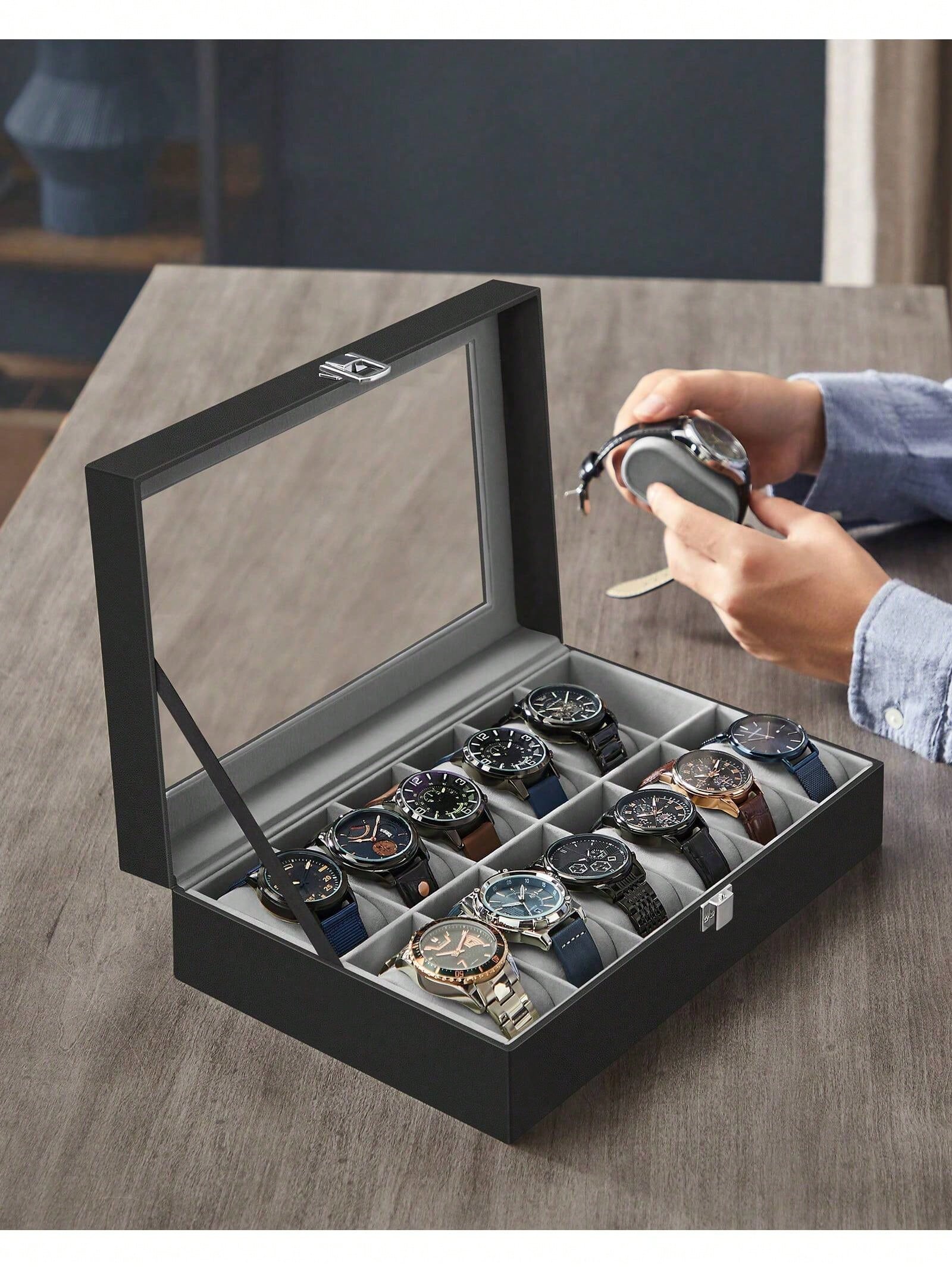 12スロットのロック可能な時計ボックス、ガラス蓋と引き出し付 - Jewelry Watches & Accessories のレビューと価格